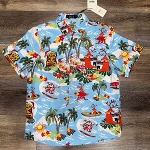 NWT🎅SSLR Santa Claus Hawaiian Christmas Blue All-Over Print Button Down Shirt S